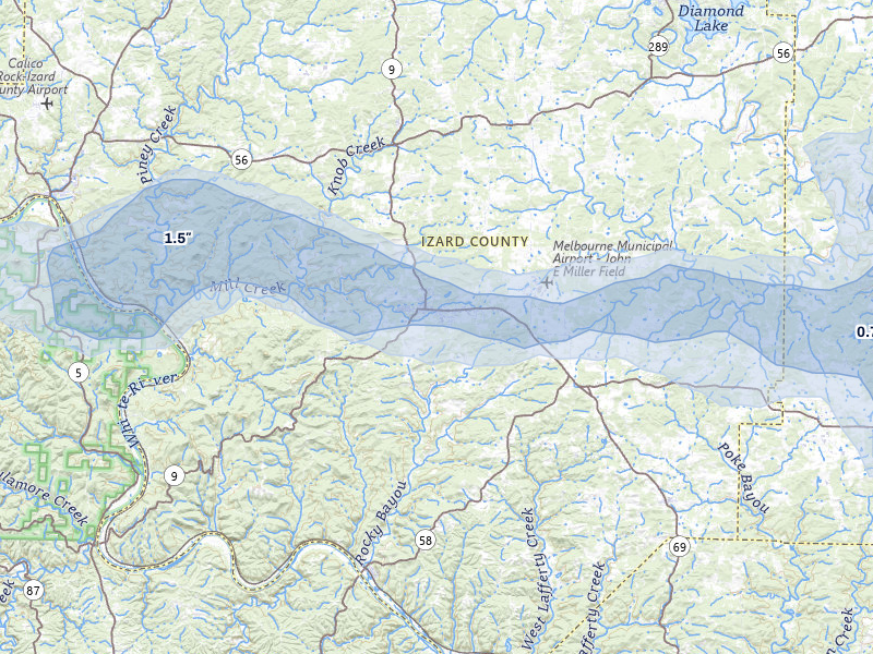 NEXRAD radar-signature map of the hail storm over Melbourne, AR on Jul 11, 2026