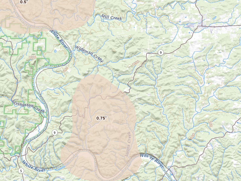Radar-estimated hail-size map of the storm over Melbourne, AR on Aug 26, 2026