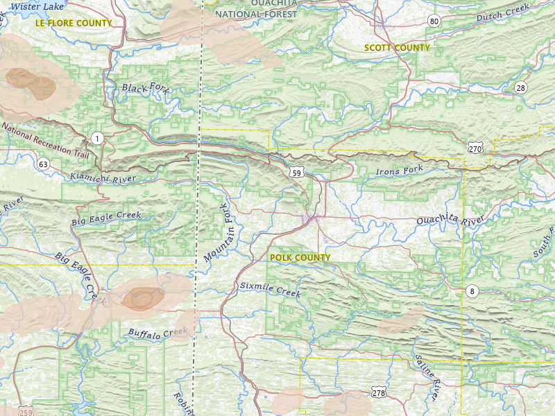 Radar-estimated hail-size map of the storm over Mena, AR on Apr 24, 2026