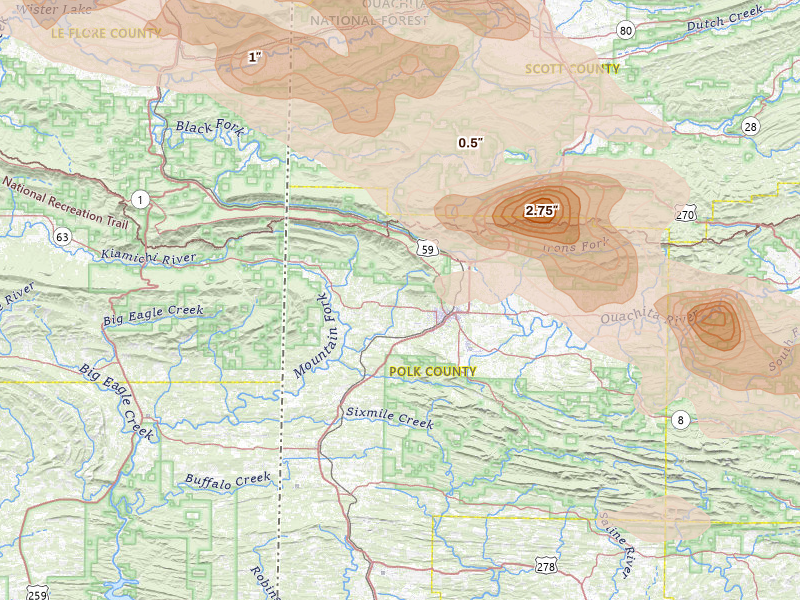 Radar-estimated hail-size map of the storm over Mena, AR on Apr 25, 2026