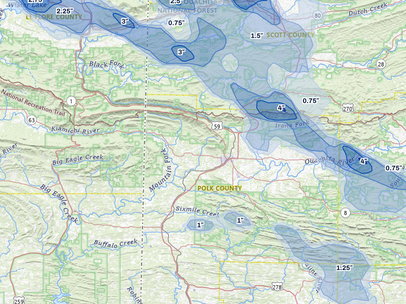 NEXRAD radar-signature map of the hail over Mena, AR