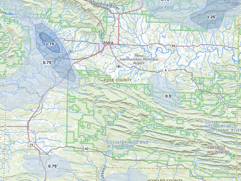 NEXRAD radar-signature map of the hail over Mena, AR