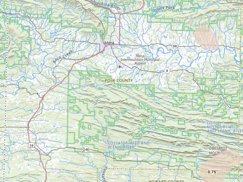 Radar-estimated hail-size map of the storm over Mena, AR on Jul 6, 2026