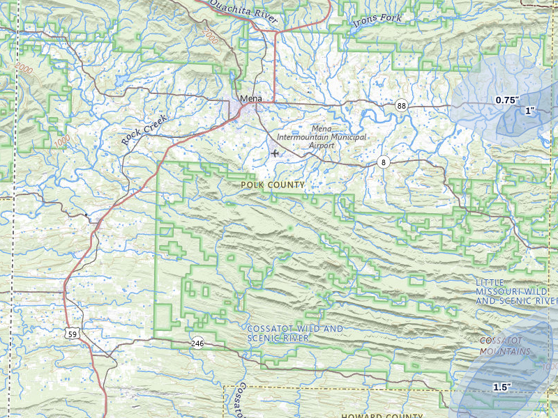 NEXRAD radar-signature map of the hail storm over Mena, AR on Jul 6, 2026