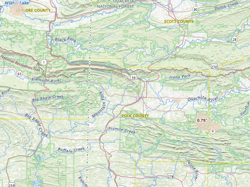 Radar-estimated hail-size map of the storm over Mena, AR on Jul 29, 2026