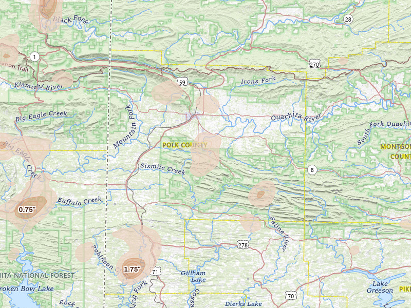 Radar-estimated hail-size map of the storm over Mena, AR on Aug 7, 2026