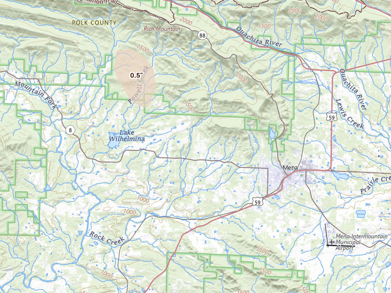 Radar-estimated hail-size map of the storm over Mena, AR on Aug 20, 2026