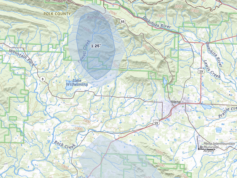 NEXRAD radar-signature map of the hail storm over Mena, AR on Aug 20, 2026
