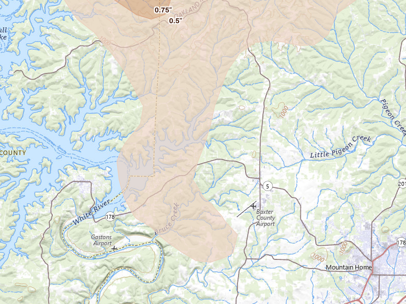 Radar-estimated hail-size map of the storm over Midway, AR on Aug 22, 2026