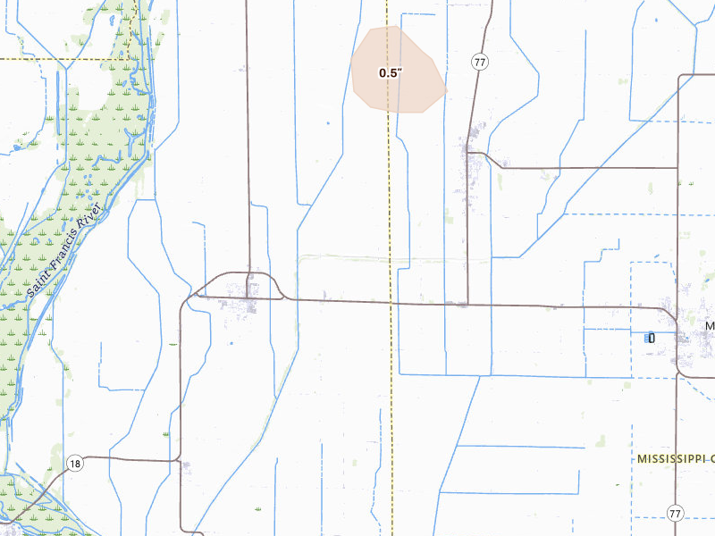 Radar-estimated hail-size map of the storm over Monette, AR on Jul 4, 2026