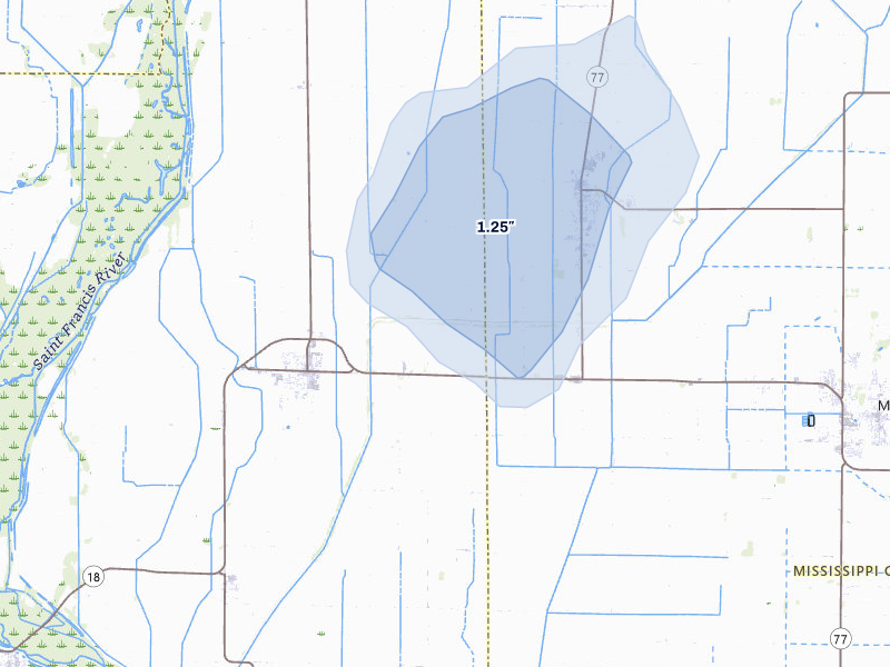 NEXRAD radar-signature map of the hail storm over Monette, AR on Jul 4, 2026