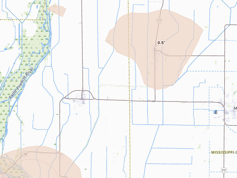 Radar-estimated hail-size map of the storm over Monette, AR on Jul 11, 2026