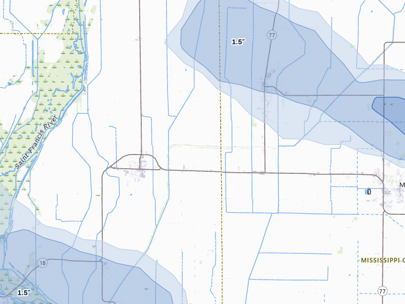 NEXRAD radar-signature map of the hail storm over Monette, AR on Jul 11, 2026