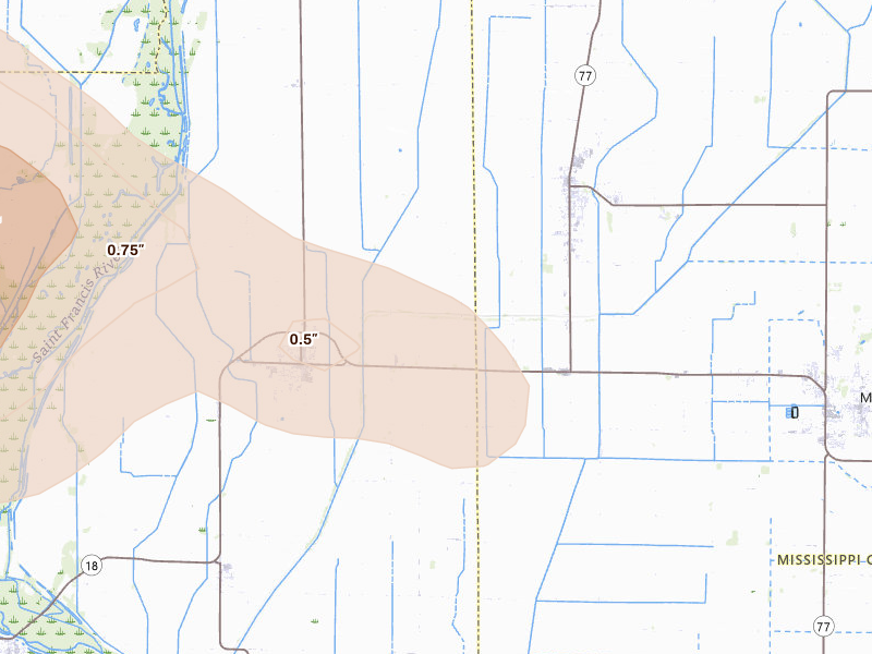 Radar-estimated hail-size map of the storm over Monette, AR on Aug 22, 2026