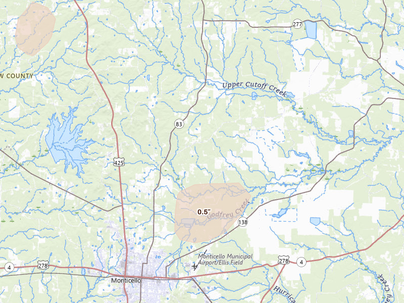 Radar-estimated hail-size map of the storm over Monticello, AR on Mar 7, 2026