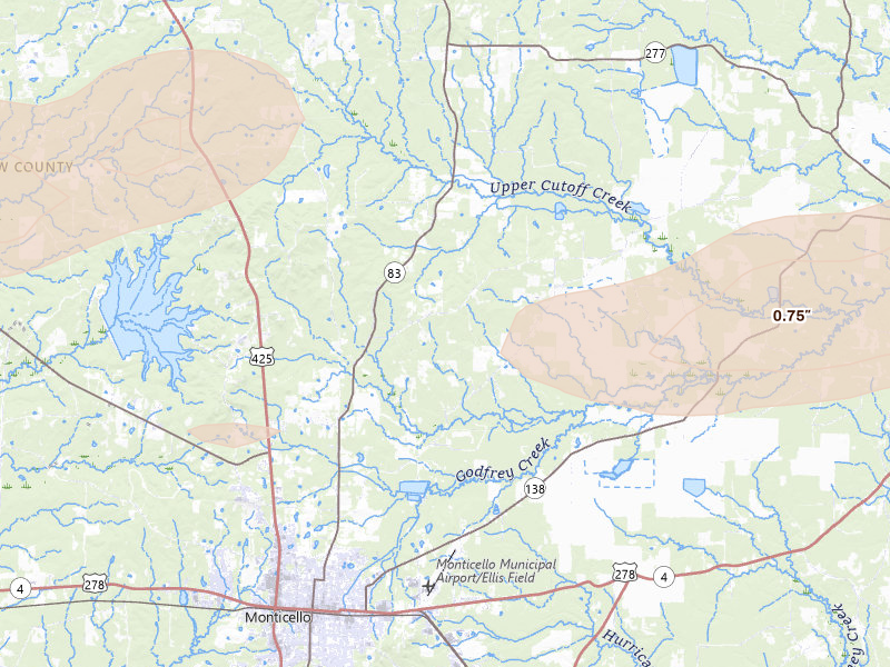 Radar-estimated hail-size map of the storm over Monticello, AR on Mar 15, 2026