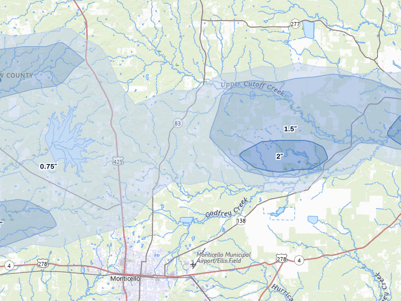 NEXRAD radar-signature map of the hail over Monticello, AR