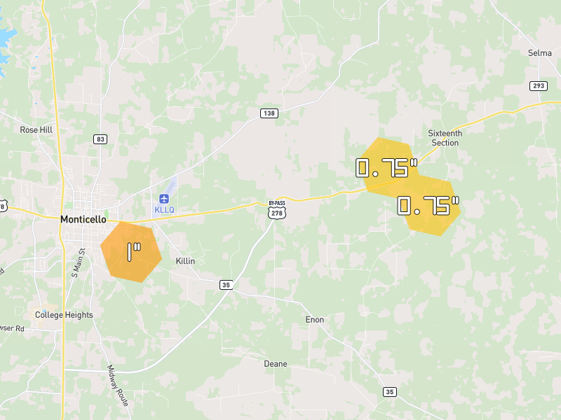 Hail map of Monticello, AR on Jul 4, 2026, hail up to 1"