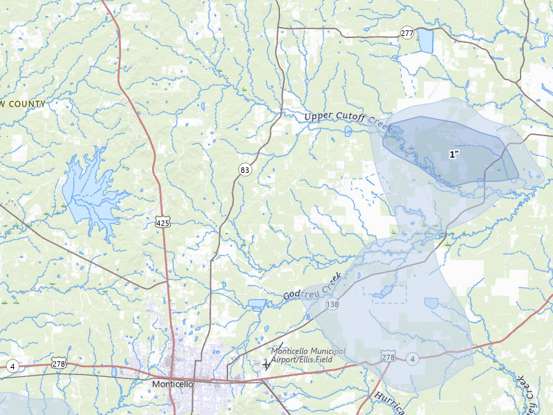 NEXRAD radar-signature map of the hail storm over Monticello, AR on Jul 8, 2026