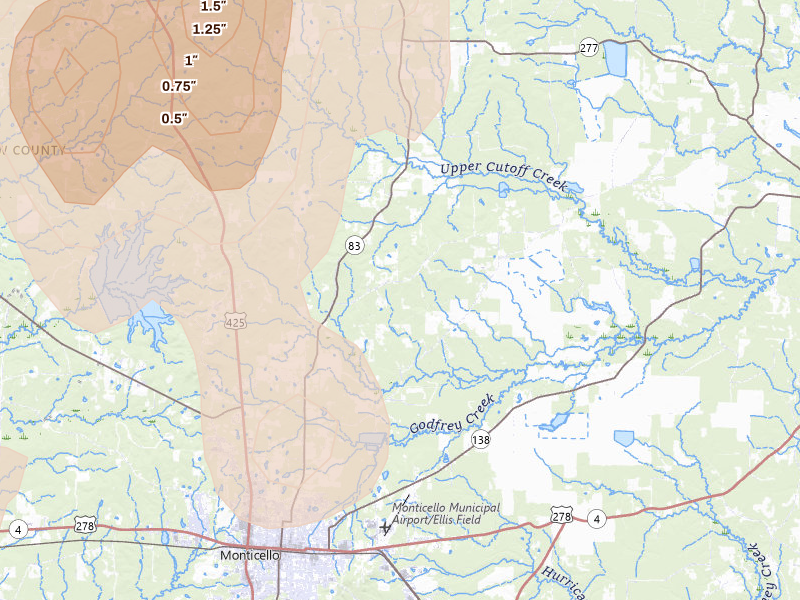 Radar-estimated hail-size map of the storm over Monticello, AR on Jul 29, 2026