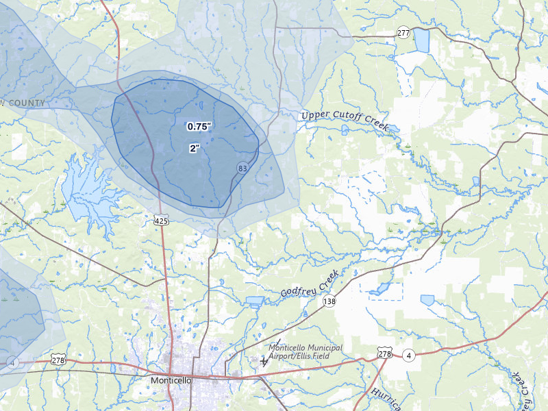 NEXRAD radar-signature map of the hail storm over Monticello, AR on Jul 29, 2026