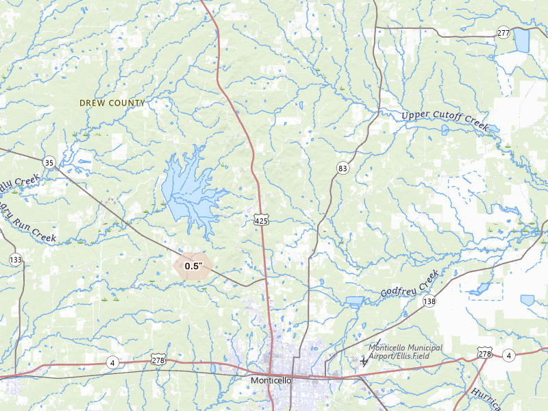 Radar-estimated hail-size map of the storm over Monticello, AR on Aug 10, 2026