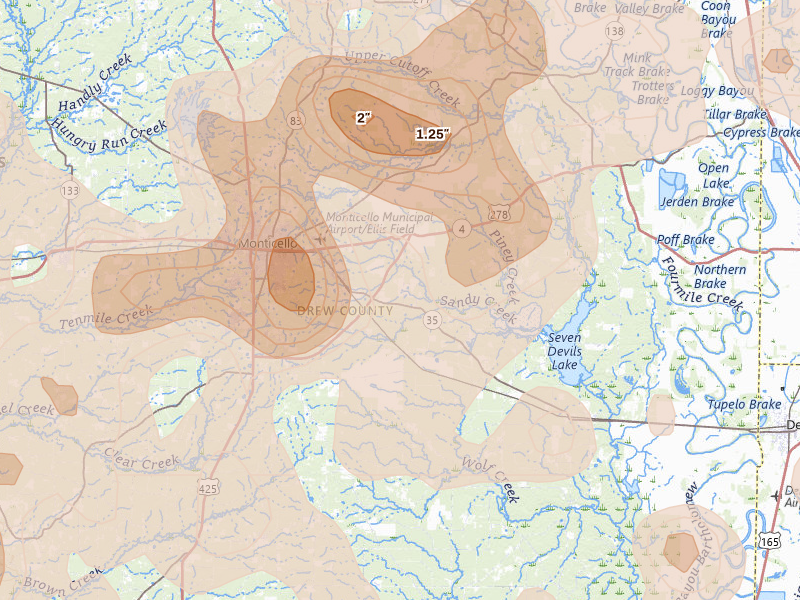 Radar-estimated hail-size map of the storm over Monticello, AR on Aug 20, 2026