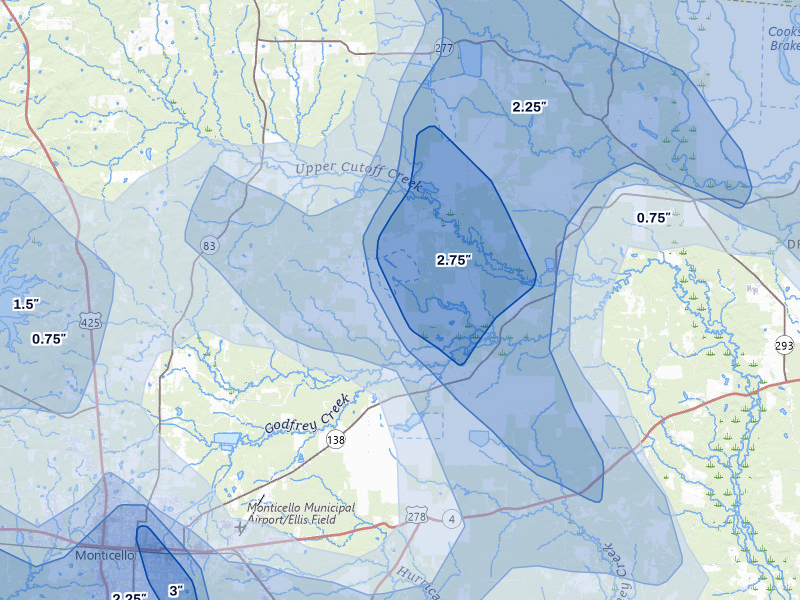 NEXRAD radar-signature map of the hail storm over Monticello, AR on Aug 20, 2026