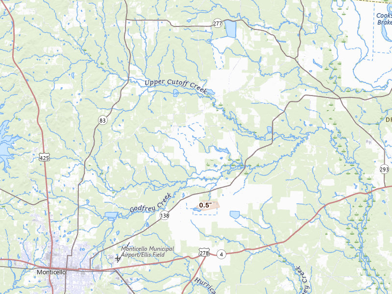 Radar-estimated hail-size map of the storm over Monticello, AR on Aug 24, 2026