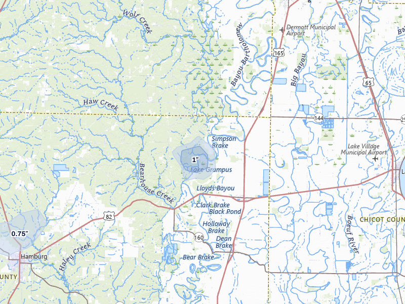 NEXRAD radar-signature map of the hail storm over Montrose, AR on Mar 7, 2026