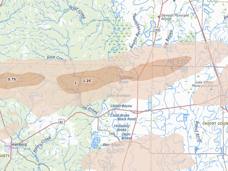 Radar-estimated hail-size map of the storm over Montrose, AR on Mar 15, 2026