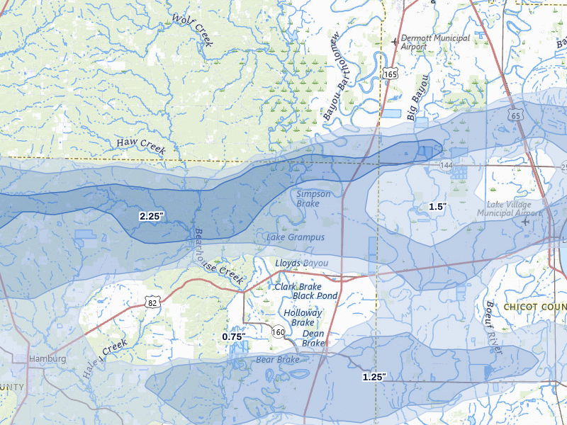 NEXRAD radar-signature map of the hail over Montrose, AR