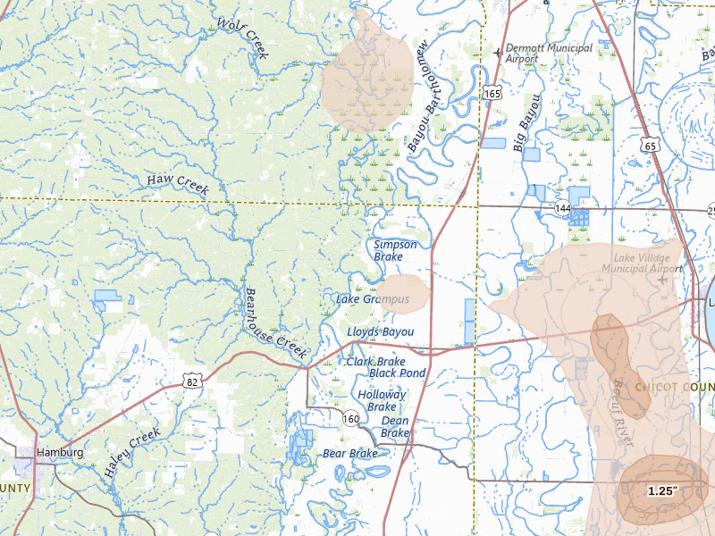 Radar-estimated hail-size map of the storm over Montrose, AR on Jul 8, 2026
