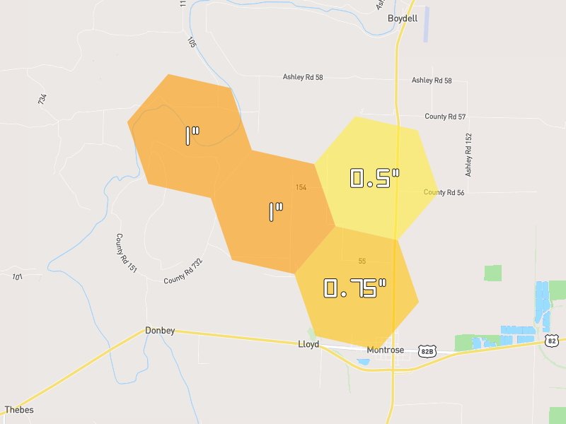 Hail map of Montrose, AR on Jul 8, 2026, hail up to 1"