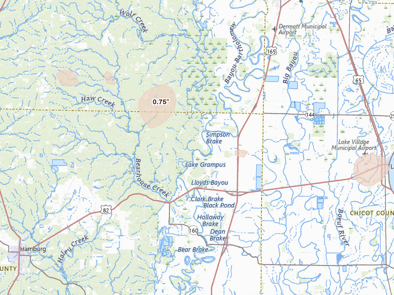 Radar-estimated hail-size map of the storm over Montrose, AR on Jul 14, 2026