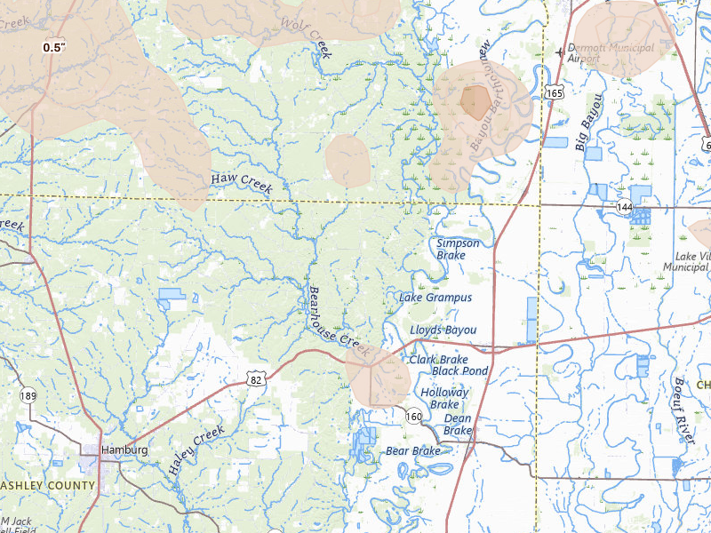 Radar-estimated hail-size map of the storm over Montrose, AR on Aug 20, 2026