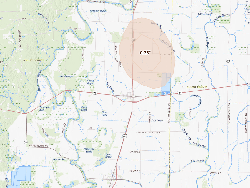 Radar-estimated hail-size map of the storm over Montrose, AR