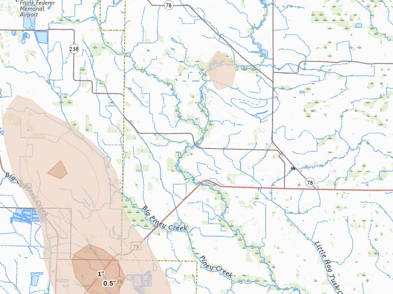 Radar-estimated hail-size map of the storm over Moro, AR on Jun 1, 2026