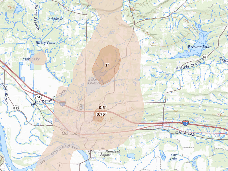 Radar-estimated hail-size map of the storm over Morrilton, AR on Jul 4, 2026