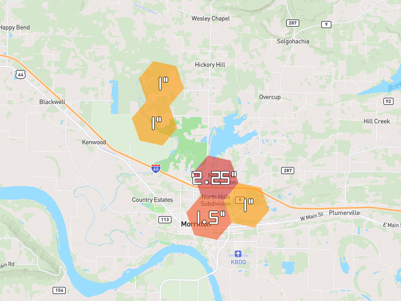 Hail map of Morrilton, AR on Jul 4, 2026, hail up to 2.25"