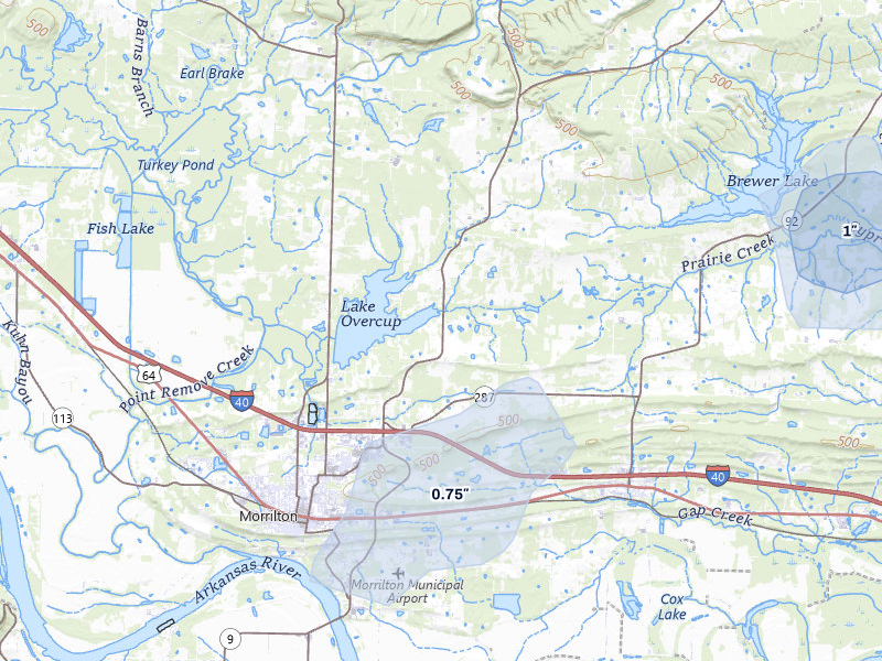 NEXRAD radar-signature map of the hail storm over Morrilton, AR on Jul 11, 2026