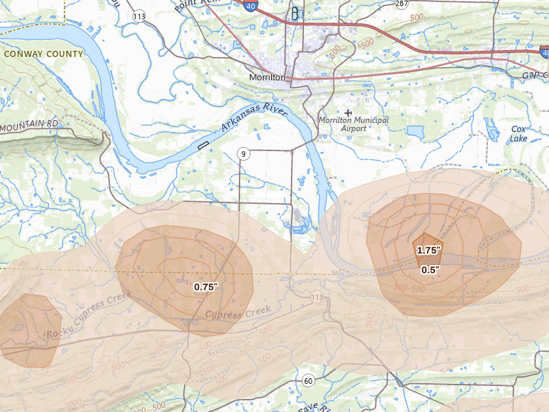 Radar-estimated hail-size map of the storm over Morrilton, AR on Aug 26, 2026