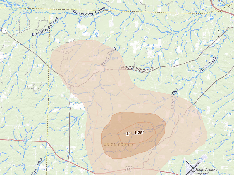 Radar-estimated hail-size map of the storm over Mount Holly, AR on Jul 4, 2026