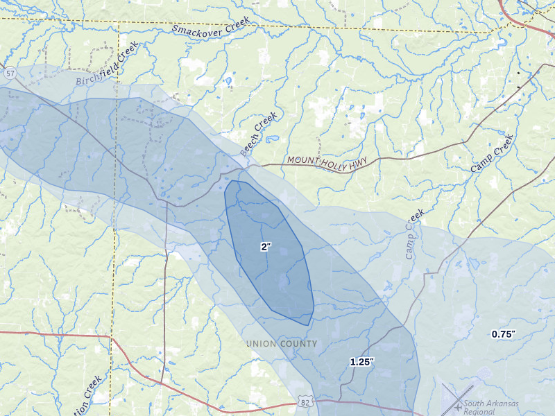 NEXRAD radar-signature map of the hail over Mount Holly, AR