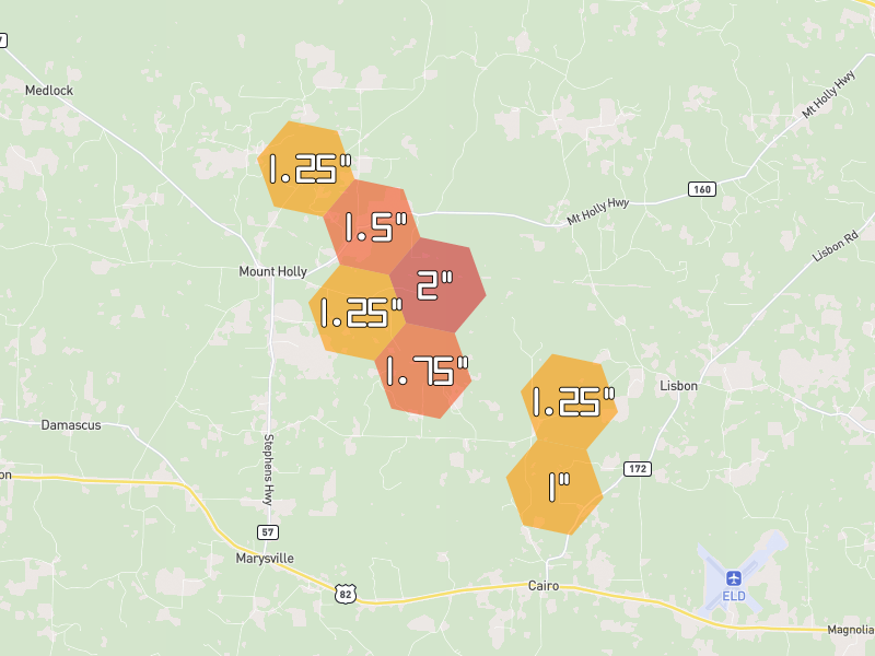 Hail map of Mount Holly, AR on Jul 4, 2026, hail up to 2"