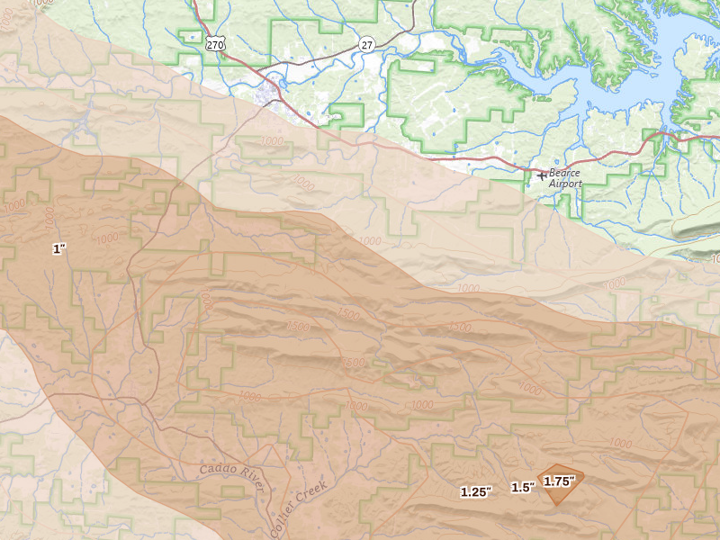 Radar-estimated hail-size map of the storm over Mount Ida, AR on Apr 25, 2026
