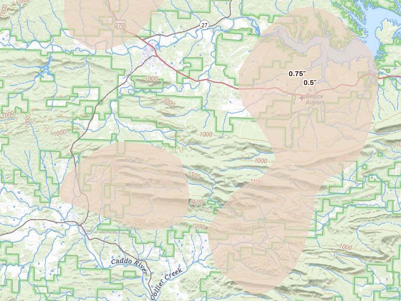 Radar-estimated hail-size map of the storm over Mount Ida, AR on Jun 1, 2026