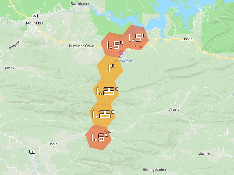 Hail map of Mount Ida, AR on Jun 2, 2026, hail up to 1.5"
