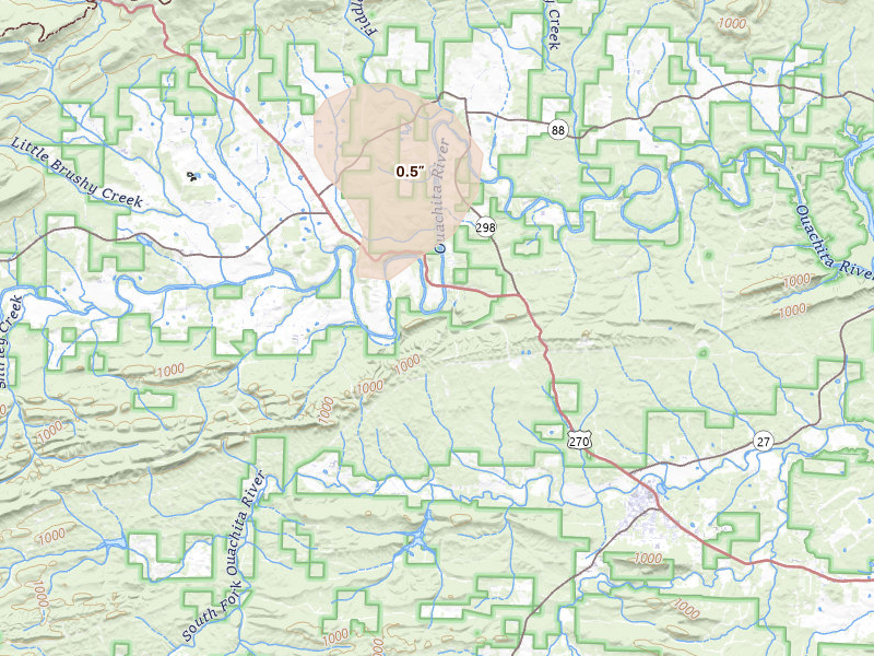Radar-estimated hail-size map of the storm over Mount Ida, AR on Aug 22, 2026