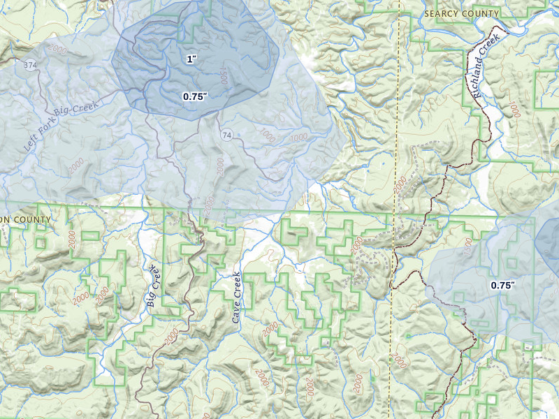 NEXRAD radar-signature map of the hail over Mount Judea, AR